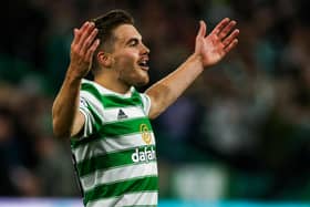 James Forrest celebrates what he thought was his 15th gal in Europe as Celtic made it 2-0 in their Europa League play-off against AZ Alkmaar  on  Wednesday night. UEFA, though, later credited the strike as an own goal. (Photo by Craig Williamson / SNS Group)