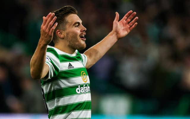 James Forrest celebrates what he thought was his 15th gal in Europe as Celtic made it 2-0 in their Europa League play-off against AZ Alkmaar  on  Wednesday night. UEFA, though, later credited the strike as an own goal. (Photo by Craig Williamson / SNS Group)