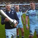 Nick Haining gets his hands on the Auld Alliance trophy after Scotland's win over France in March. Chris Harris and Magnus Bradbury join in the celebrations. Picture: Gary Hutchison/SNS