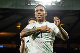 Northern Ireland's Josh Magennis celebrates at full time after the 1-0 win over Scotland at Hampden. (Photo by Craig Foy / SNS Group)