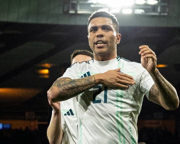 Northern Ireland's Josh Magennis celebrates at full time after the 1-0 win over Scotland at Hampden. (Photo by Craig Foy / SNS Group)