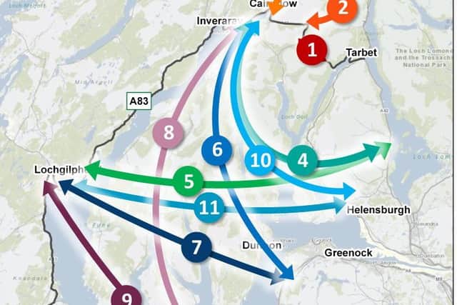 The 11 options to bypass by bypass the Rest and Be Thankful pass, marked as number one. Picture: Transport Scotland