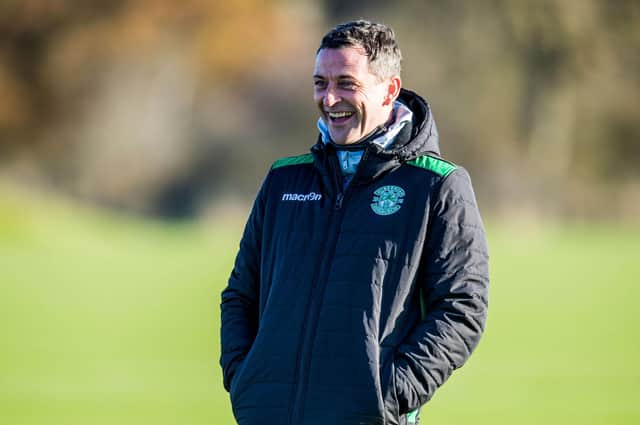 Hibs manager Jack Ross takes training ahead of Sunday's Betfred Cup match against Dundee. Photo by Ross Parker/SNS Group