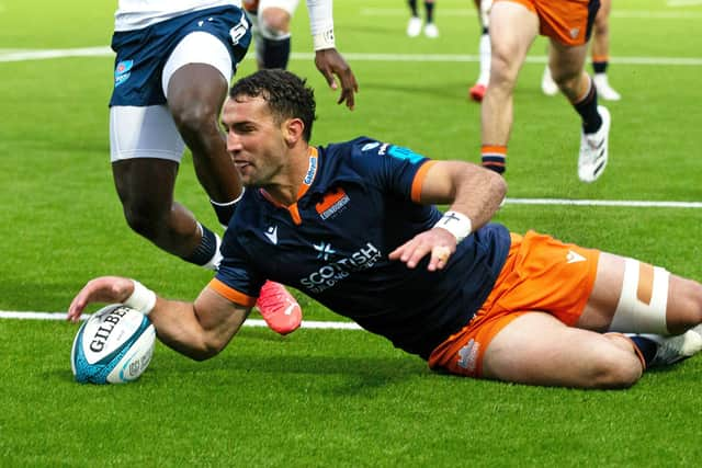 Edinburgh's Henry Immelman scores an early try during the United Rugby Championship clash against the Bulls at the DAM Health Stadium. Picture: Bruce White/SNS