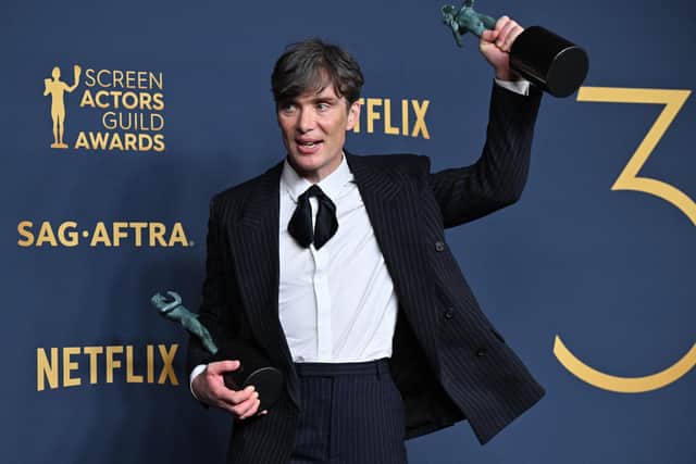 For his role in “Oppenheimer,” Cillian Murphy has so far earned four awards; a Golden Globe for Best Actor in a Drama, the SAG Award for Best Actor and Best Ensemble Cast and the BAFTA Film Award for Best Actor. His win at the British event marked the first time an Irish-born actor has ever won the Best Actor award.  (Photo by ROBYN BECK/AFP via Getty Images)