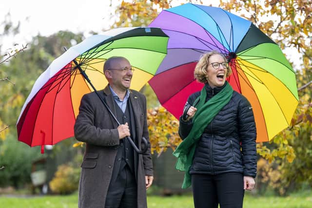 Scottish Green Party leaders Patrick Harvie and Lorna Slater during a visit to the Eats Rosyth Centenary Orchard in Rosyth, Fife, ahead of the party conference.