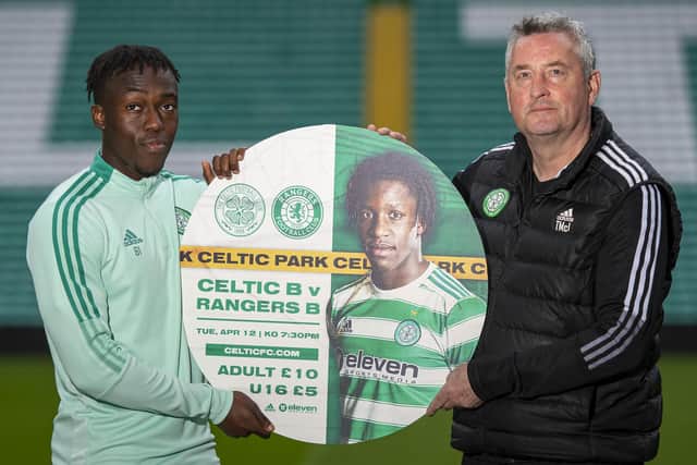 Celtic B manager Tommy McIntyre and Ewan Otoo (left) promote the Lowland League match between Celtic B and Rangers B at Celtic Park which takes place on Tuesday 12th April . (Photo by Ross MacDonald / SNS Group)