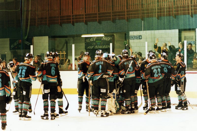 Steelers celebrate their 4-2 win at Durham, January 1996