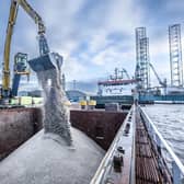 The MV Tina C is a coastal ship that has been loaded with more than 5,000 tonnes of road salt in Dundee for delivery to Aberdeen. Picture: Peter Devlin