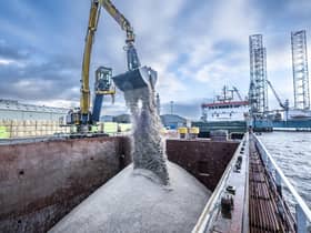 The MV Tina C is a coastal ship that has been loaded with more than 5,000 tonnes of road salt in Dundee for delivery to Aberdeen. Picture: Peter Devlin