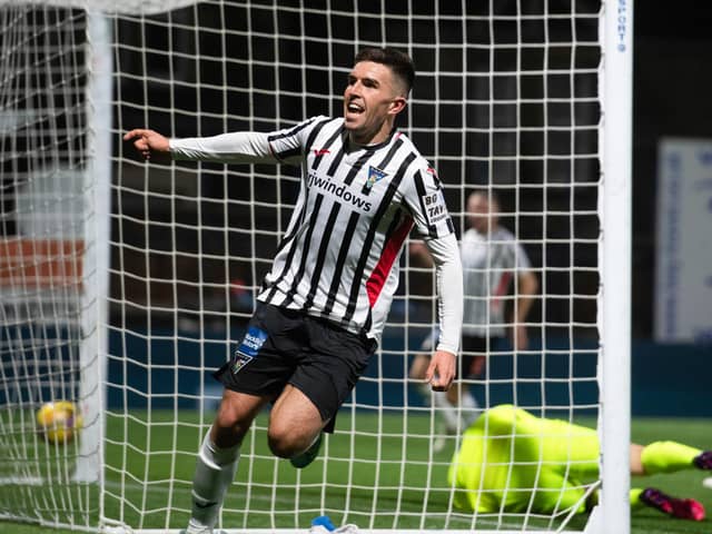 KIRKCALDY, SCOTLAND - SEPTEMBER 29: Dunfermline's Kevin O'Hara celebrates making it 1-1 against Raith Rovers.