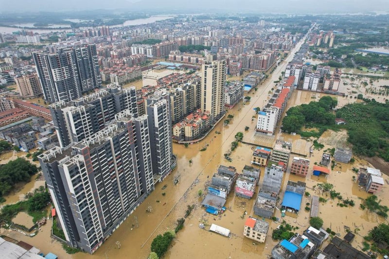 Buildings and streets are flooded after heavy rains in Qingyuan city.