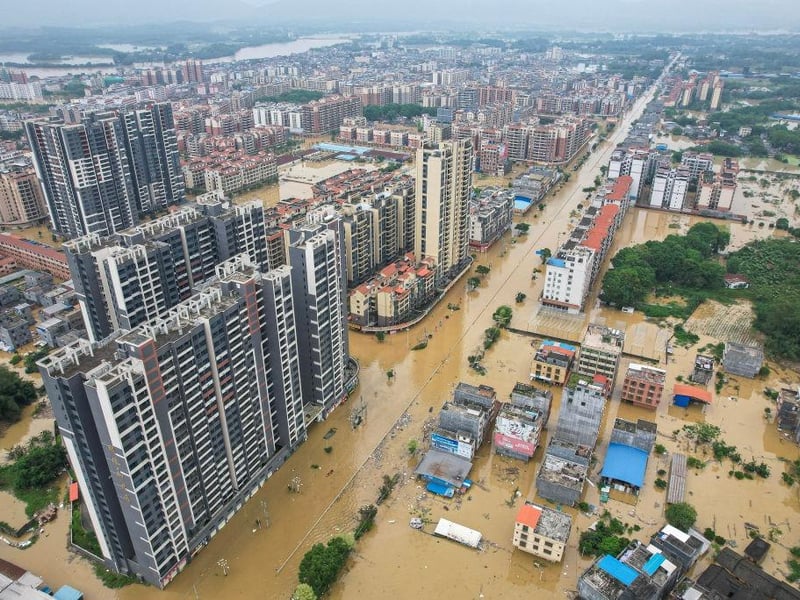 Buildings and streets are flooded after heavy rains in Qingyuan city.