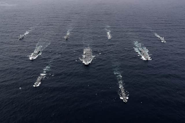 The full UK Carrier Strike Group assembled for the first time during an exercise in October last year, with aircraft carrier HMS Queen Elizabeth leading a flotilla of destroyers and frigates.