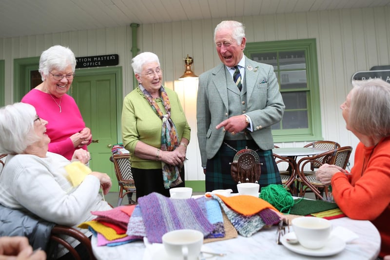 Prince Charles the Duke of Rothesay at the Rothesay Rooms in Ballater where he met ladies from the local Knitwise group in October 2021.