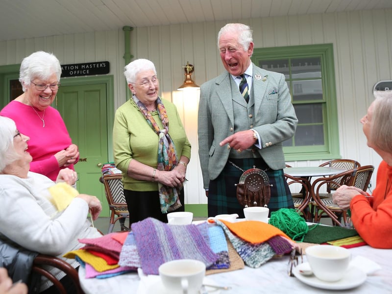 Prince Charles the Duke of Rothesay at the Rothesay Rooms in Ballater where he met ladies from the local Knitwise group in October 2021.