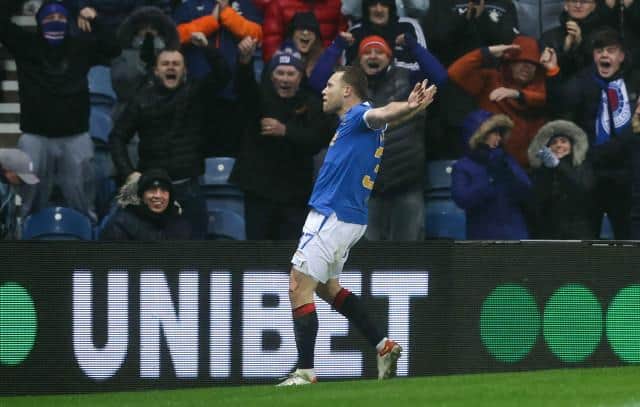 Scott Arfield celebrates his winning goal for Rangers in their Premiership match against Livingston at Ibrox on Wednesday. (Photo by Alan Harvey / SNS Group)