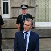 Secretary for Transport, Infrastructure and Connectivity, Michael Matheson, addresses emergency workers at Police Scotland's station in Stonehaven, Aberdeenshire, following the derailment of the ScotRail train which cost the lives of three people.