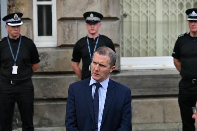 Secretary for Transport, Infrastructure and Connectivity, Michael Matheson, addresses emergency workers at Police Scotland's station in Stonehaven, Aberdeenshire, following the derailment of the ScotRail train which cost the lives of three people.