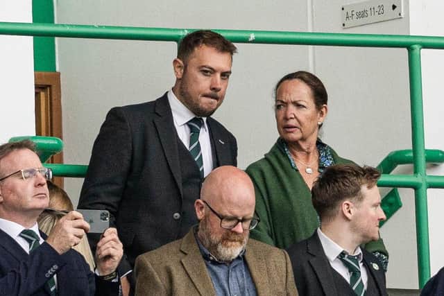 Hibs chief executive Ben Kensell and Kit Gordon watch on during the 4-0 defeat by Aberdeen.