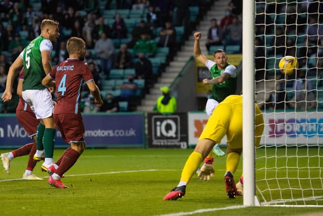 Martin Boyle equalises for Hibs but it was a tell of missed chances for the Easter Road side in their Europa Conference League third qualifying round first leg tie with HNK Rijeka (Photo by Craig Foy / SNS Group)