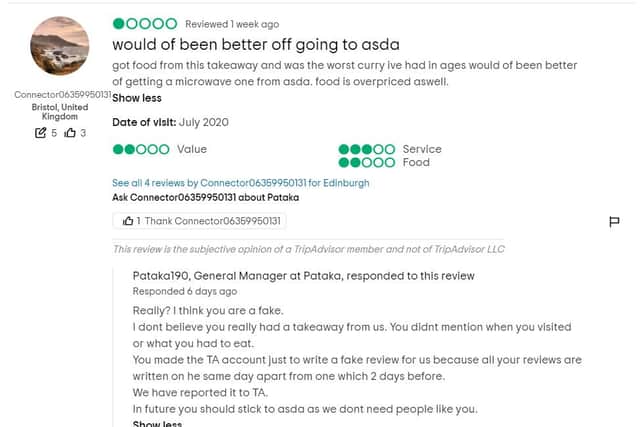 One of the fake reviews left on Pataka's TripAdvisor page.