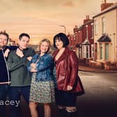 Smithy (James Cordon), Gavin (Mathew Horne), Stacey (Joanna Page), Nessa (Ruth Jones)