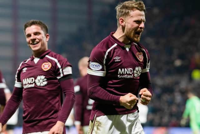 Hearts' Stephen Kingsley celebrates after making it 2-0 against Aberdeen, sending the Dons tenth in the cinch Premiership table.  (Photo by Ross Parker / SNS Group)