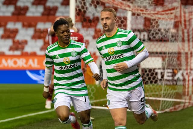 Leigh Griffiths celebrates after equalising for Celtic with just about the last touch of the ball. Picture: SNS