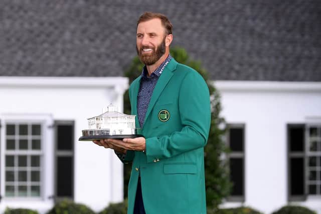 Dustin Johnson poses with the Masters Trophy during the Green Jacket Ceremony after winning the Masters at Augusta National. Picture: Rob Carr/Getty Images