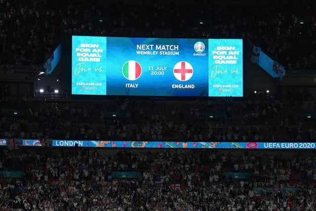 The screen shows the finals match up after the UEFA EURO 2020 semi-final football match between England and Denmark at Wembley Stadium in London on July 7, 2021. (Photo by LAURENCE GRIFFITHS/POOL/AFP via Getty Images)