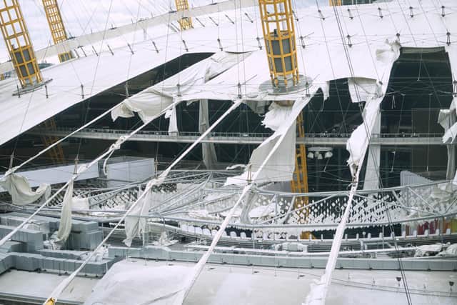Damage to the roof of the O2 Arena in London caused by Storm Eunice, from where 1,000 people were evacuated. Picture: Stefan Rousseau/PA Wire