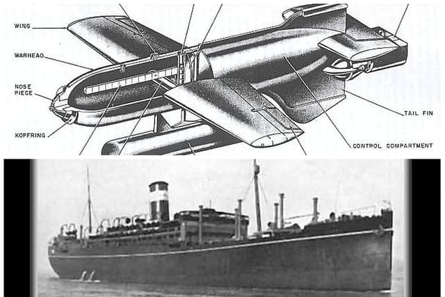 HMT Rohna (pictured below) and the newly-developed German Henschel Hs293 radio controlled glide bomber which was used to attack the ship. PIC: Contributed.