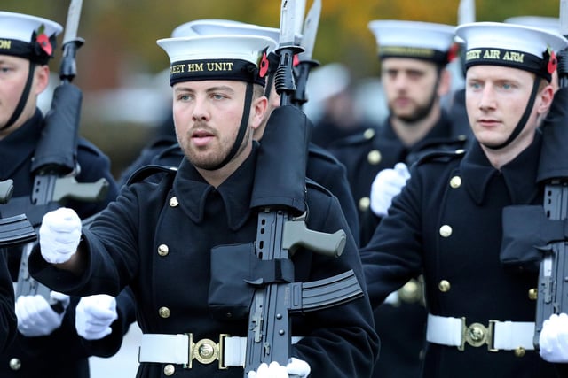 The Royal Navy's Ceremonial Guard in their final rehearsal for their duties at the Cenotaph in London, on Remembrance Sunday. They were photographed at Whale Island, Portsmouth. Picture: Chris Moorhouse   (jpns 101121-24)