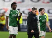 Hibs Lee Johnson looks dejected after the 3-0 defeat to Hearts at Tynecastle. (Photo by Mark Scates / SNS Group)