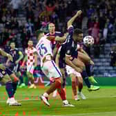 John McGinn goes close to scoring for Scotland against Croatia.