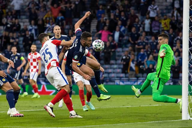 John McGinn goes close to scoring for Scotland against Croatia.