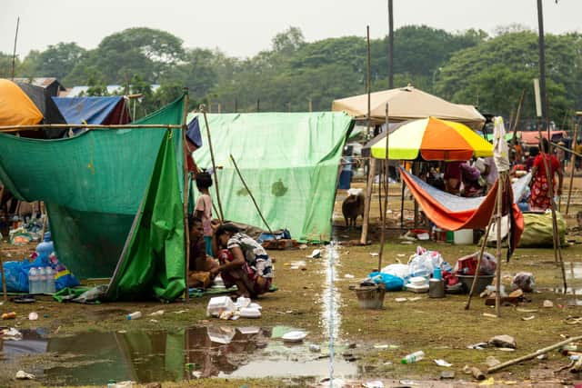 Damage caused by a storm at a makeshift shelter camp in a village in the Mandalay region of Myanmar. Picture: Arete/DEC