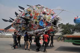 An installation depicting an anglerfish, made from plastic waste, is displayed by environmental activists during a rally in Jakarta on 20 July, 2019 PIC: Dasril Roszandi / AFP via Getty Images
