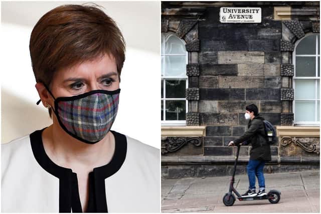 Nicola Sturgeon (left) wears a tartan mask en route to the Holyrood Parliament. A student (right) at Glasgow University scooters down a deserted campus pavement.