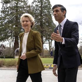 Prime Minister Rishi Sunak greets EU President, Usula Von Der Leyen, at the Fairmont Windsor Park hotel in Englefield Green, Windsor, Berkshire, ahead of a meeting to discuss the Northern Ireland Protocol.