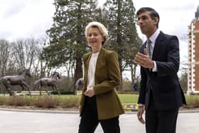 Prime Minister Rishi Sunak greets EU President, Usula Von Der Leyen, at the Fairmont Windsor Park hotel in Englefield Green, Windsor, Berkshire, ahead of a meeting to discuss the Northern Ireland Protocol.