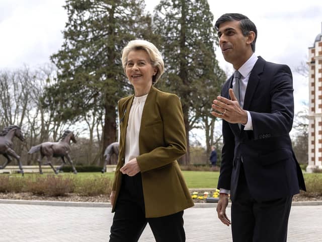 Prime Minister Rishi Sunak greets EU President, Usula Von Der Leyen, at the Fairmont Windsor Park hotel in Englefield Green, Windsor, Berkshire, ahead of a meeting to discuss the Northern Ireland Protocol.