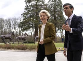 Prime Minister Rishi Sunak greets EU President, Usula Von Der Leyen, at the Fairmont Windsor Park hotel in Englefield Green, Windsor, Berkshire, ahead of a meeting to discuss the Northern Ireland Protocol.