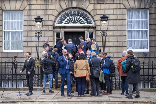 Members of the media and public gather outside Bute House, the home of Scotland's First Minister, as Humza Yousaf quits the role. Picture: Lisa Ferguson