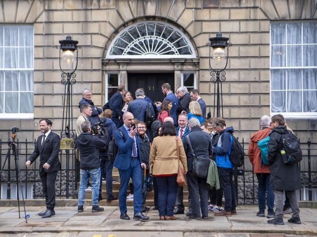 Members of the media and public gather outside Bute House, the home of Scotland's First Minister, as Humza Yousaf quits the role. Picture: Lisa Ferguson