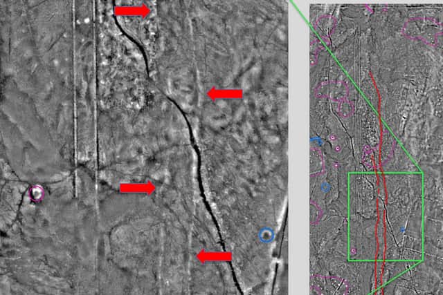 The site of the cursus monument was discovered after these two parallel lines, marked here by red arrows, were picked up by a laser scan of Arran landscape. PIC: HES/Dave Cowley.