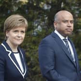 First Minister Nicola Sturgeon with Sanjeev Gupta, the head of the Liberty Group, ahead of a ceremony where Tata Steel handed over the keys of two Lanarkshire steel plants to metals firm Liberty House, at Dalzell steelworks in Scotland. Picture: PA