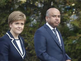 First Minister Nicola Sturgeon with Sanjeev Gupta, the head of the Liberty Group, ahead of a ceremony where Tata Steel handed over the keys of two Lanarkshire steel plants to metals firm Liberty House, at Dalzell steelworks in Scotland. Picture: PA