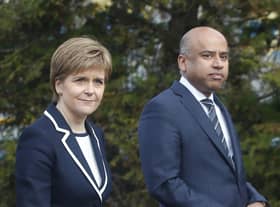 First Minister Nicola Sturgeon with Sanjeev Gupta, the head of the Liberty Group, ahead of a ceremony where Tata Steel handed over the keys of two Lanarkshire steel plants to metals firm Liberty House, at Dalzell steelworks in Scotland. Picture: PA